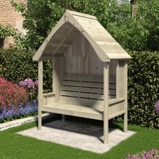 Alt Text: Angled view of the 3-seater Shire Fernook wooden garden arbour with pitched roof on a paved garden patio.