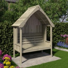 Shire Fernook 3-seater timber garden arbour seat situated on a paved area surrounded by flower beds.