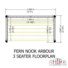 Floorplan diagram showing the base dimensions and footprint layout for the Shire Fernook 3-seater arbour seat.
