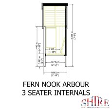 Internal schematic diagram illustrating interior seat depth and clearance measurements for the Shire Fernook 3-seater arbour.