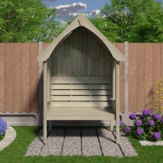 Direct front view of the Shire Fern Nook 2-seater wooden arbour seat showing the built-in bench and side armrest tables.