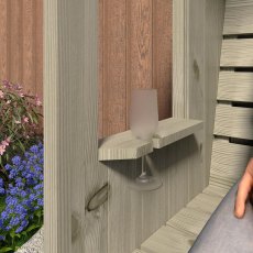 Close-up of the built-in side shelf table feature on the Shire Fern Nook 2-seater timber arbour.