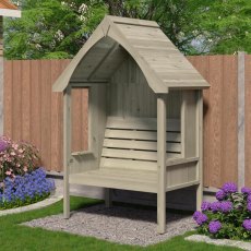 Angled perspective of the 2-seater Shire Fern Nook wooden garden arbour with pitched roof on a stone patio.