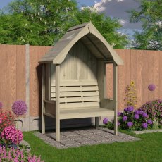 Side angle view of the Shire Fern Nook 2-seater timber garden arbour set against a wooden fence backdrop.