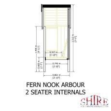 Internal schematic diagram detailing interior bench width and height measurements for the Shire Fern Nook 2-seater arbour seat.