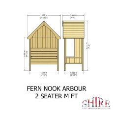 Technical dimension diagram displaying exterior height and width measurements for the 2-seater Shire Fern Nook arbour.