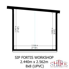 Internal height and wall dimension technical drawing for the 8x8 Shire Fortis insulated garden office