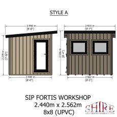 Technical elevation drawing showing side and front exterior dimensions of the 8x8 Shire Fortis SIP workshop