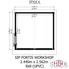 Detailed floor plan schematic showing width and depth dimensions of the 8x8 Shire Fortis garden workspace