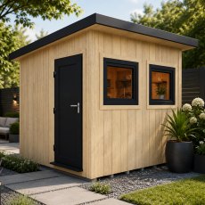 Angled front view of the Shire Fortis 8x8 insulated garden office with pent roof design
