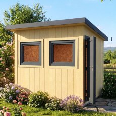 Exterior view of the compact 8x8 Shire Fortis insulated garden building and windows