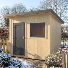 8x8 Shire Fortis insulated wooden garden workspace with dark grey UPVC door and window