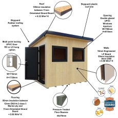 Specification diagram highlighting SIP panel insulation and features of the 8x8 Shire Fortis garden office