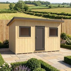 Shire Fortis 12x8 insulated garden office with central door set on a paved patio