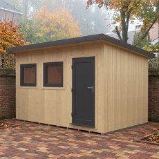 12x8 Shire Fortis insulated wooden garden office and workshop on a brick path