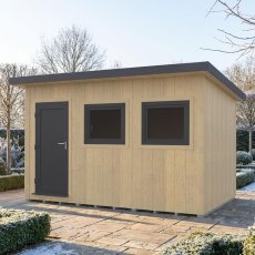 Front elevation view of the Shire Fortis 12x8 insulated garden building with pent roof