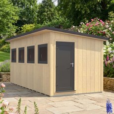 Angled exterior view of the 16x8 Shire Fortis insulated garden workshop in a landscaped garden