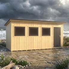 Front exterior view of the Shire Fortis 16x8 insulated garden workspace with pent roof