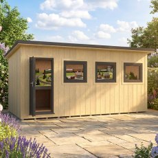 16x8 Shire Fortis insulated wooden garden office with dark grey door and three side windows