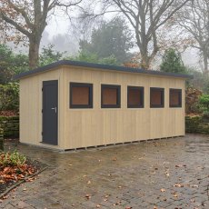Shire Fortis 20x8 insulated workspace showing pent roof design and double-glazed windows