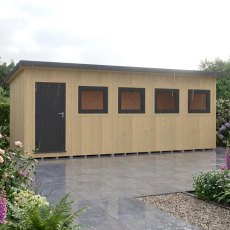 20x8 Shire Fortis insulated wooden garden office with dark grey door on a paved patio