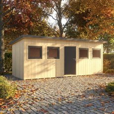 Shire Fortis 20x8 insulated garden office and workshop installed in a gravel garden setting