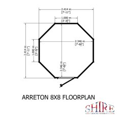 Technical floorplan drawing of the 8x8 Shire Arreton hexagonal summerhouse showing base dimensions
