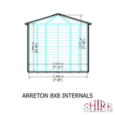Internal frame diagram of the 8x8 Shire Arreton summerhouse showing wall and door measurements