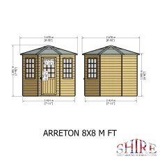 Two perspective diagrams of the 8x8 Shire Arreton hexagonal summerhouse with dimension lines
