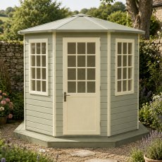 Front view of the 8x8 Shire Arreton hexagonal garden summerhouse with white Georgian-style windows and doors.