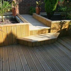 Installed Shire wooden patio decking kit forming a multi-level garden deck with steps