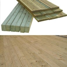 Shire wooden patio decking kit timber joists and grooved deckboards shown unpackaged and close-up