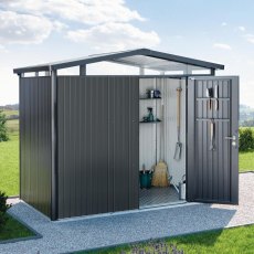 Biohort Panorama P2 dark grey metallic metal shed set up in a garden with open single door