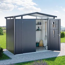 Biohort Panorama P2 dark grey metallic metal shed set up in a garden with open double doors