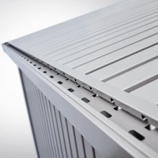 Integrated roof gutter with leaf filter detail on Biohort Panorama metal shed