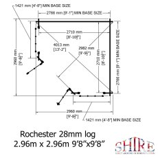 Detailed floor plan schematic with internal dimensions for Shire Rochester corner log cabin