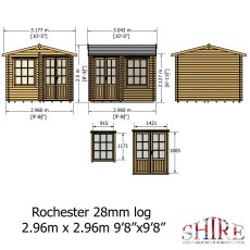 Shire Rochester 28mm log cabin 2.96m x 2.96m elevation drawings and door window specification diagram