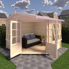 Interior view of Shire Rochester log cabin furnished with a sofa through open double doors
