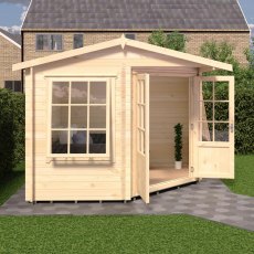 Front view of natural timber Shire Rochester corner log cabin with doors wide open