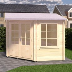 Side view of Shire Rochester timber corner log cabin with large Georgian style windows