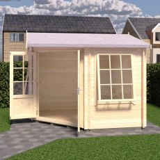 Shire Rochester corner log cabin with open front double doors on paved lawn area