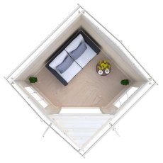 Top-down aerial view diagram showing internal furniture layout of Shire Rochester corner log cabin
