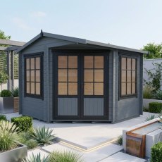 Grey painted Shire Rochester corner log cabin with double glass doors in a garden setting