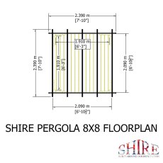 Shire 8x8 wooden pergola floor plan diagram showing top-down decking footprint dimensions