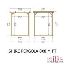Shire 8x8 wooden pergola side elevation technical diagram with metric and imperial height dimensions