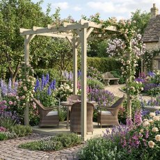 Shire 8x8 natural wooden garden pergola with decking, climbing flowers, and outdoor dining furniture
