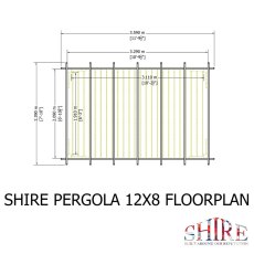 Shire 12x8 wooden pergola floor plan diagram showing top-down decking footprint measurements