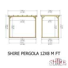 Shire 12x8 wooden pergola side and front elevation technical diagram with metric and imperial height dimensions