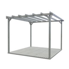 3D product render of Shire 12x12 square grey wooden pergola structure with decking base isolated on white background