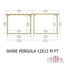 Shire 12x12 wooden pergola side elevation technical drawing detailing metric and imperial height measurements